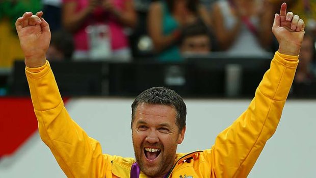 Greg Smith celebrates Australia winning the Gold Medal in the Mixed Wheelchair Rugby.