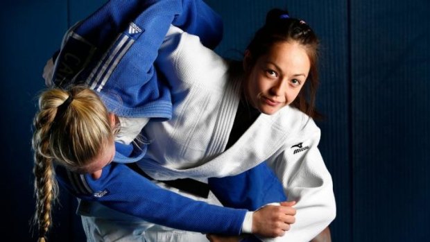 Throwaway: Judo competitor Hannah Trotter comes to grips with an opponent while training for the Games.