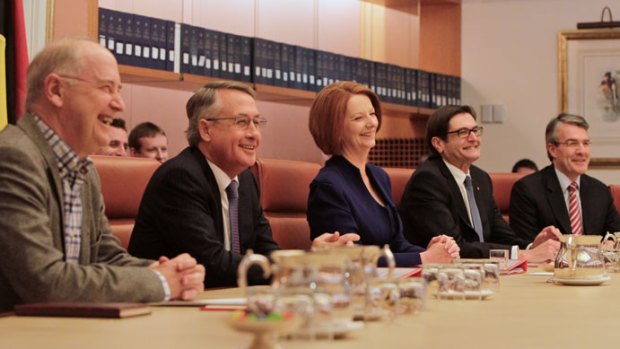 The Prime Minister Julia Gillard chaired today's meeting of the Multi-Party Climate Change Committee with, from left, Ross Garnaut, Wayne Swan, Greg Combet and Mark Dreyfus.