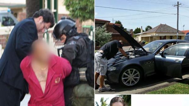 Alleged kingpin Warren Richards being arrested, left; police search a Maserati on Hill Street, Kogarah, above; an alleged drug lab in Corindi, below right; and police carry out bags of evidence from a unit on The Kingsway, Cronulla.