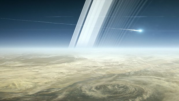 An artists' impression of Cassini shooting across Saturn's skies as it disintegrates and melts. It will look like a shooting star.