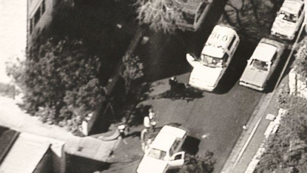 An aerial of the crime scene at Walsh Street, South Yarra, October 12, 1988.