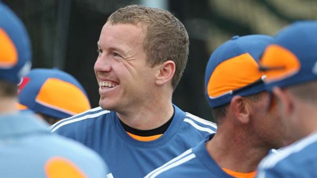 Fast bowler Peter Siddle is all smiles at training yesterday. He is favoured to grab the last fast-bowling place in the first Test team to play England.