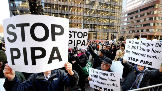 People gather on Third Avenue in New York to protest the proposed PIPA bill.