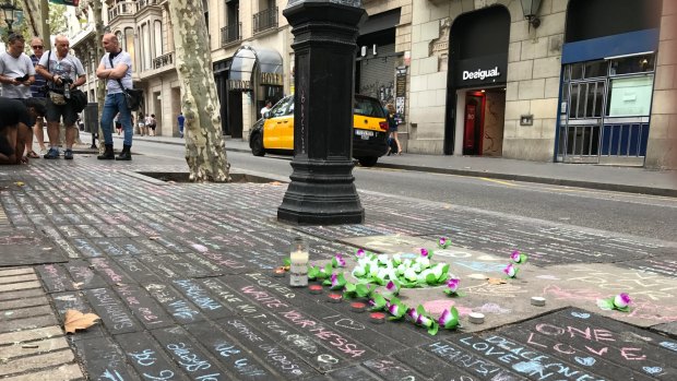 Chalk message tributes in Las Ramblas in Barcelona, on the stretch of the boulevard where tourists were mown down by the terrorists' van.