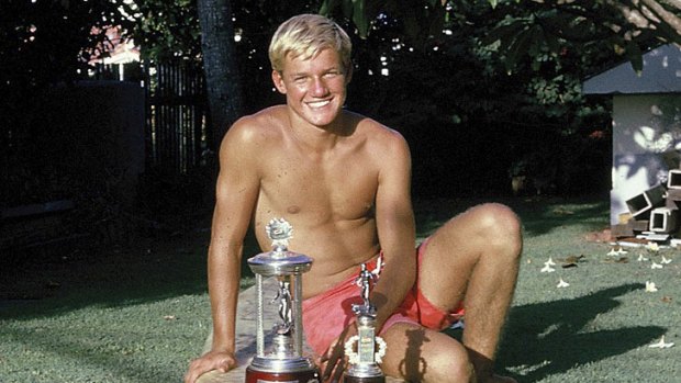 Peter Drouyn, aged 15, on the lawn of his parents' Surfers Paradise home soon after winning the national junior title in 1965.