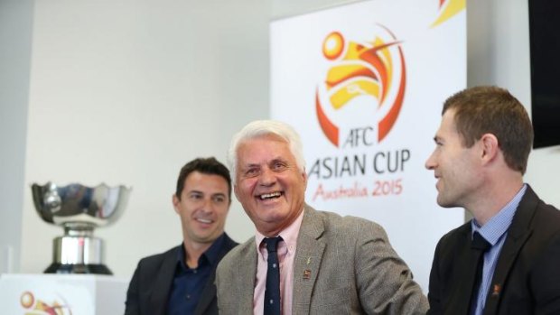 Cup challenge: Paul Okon, Rale Rasic and Brett Emerton during the AFC Asian Cup ambassador announcement on Tuesday.
