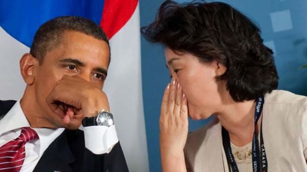 Barack Obama speaks with a translator during a meeting with South Korean President Lee Myung-bak during the G20 summit in Toronto. <i>Photo: AFP PHOTO / Saul LOEB</i>