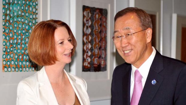 Follow the leader ... Ban Ki-Moon meets Ms Gillard at Parliament House.