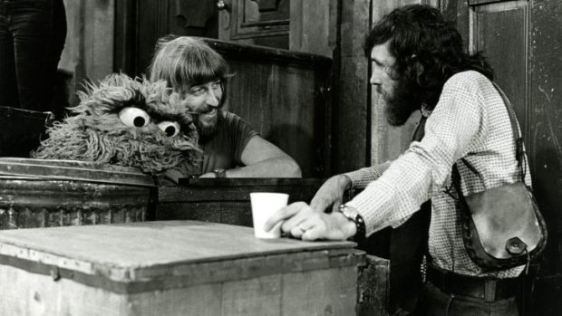 Carroll Spinney as Oscar the Grouch with Jim Henson on the set of <i>Sesame Street.</i>