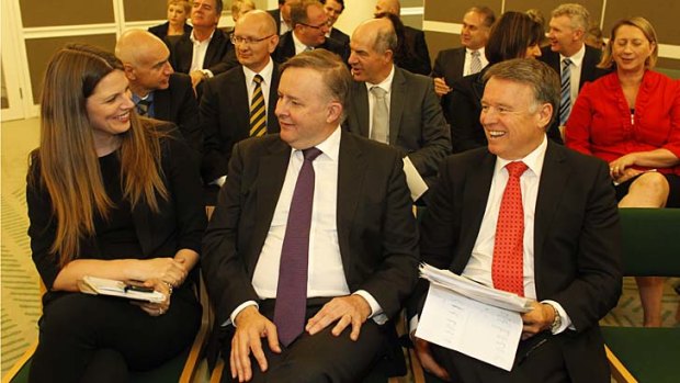 Anthony Albanese, with colleagues Kate Ellis and Joel Fitzgibbon, at Monday's caucus meeting.