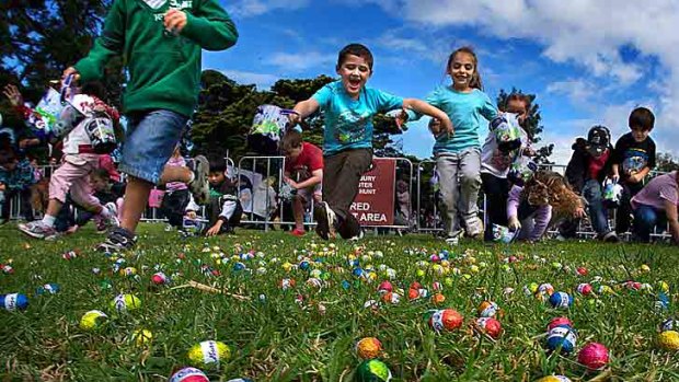 Hunter-gatherers: Children set off at Friday’s yearly Royal Children’s Hospital Easter egg hunt at Werribee Park.