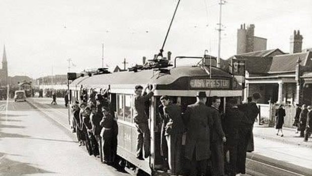 An overcrowded East Preston tram, 1944.