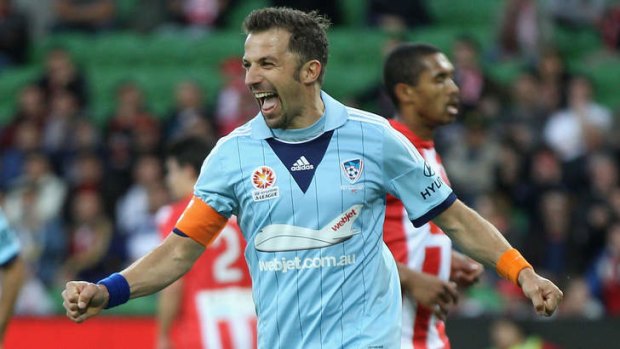 Back of the net: Sydney's Alessandro Del Piero celebrates scoring from the penalty spot against Melbourne Heart on Friday night.