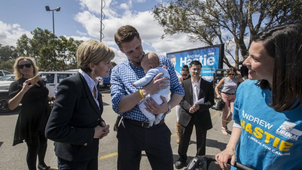 Andrew Hastie with his son Jonathon, wife Ruth and Foreign Minister Julie Bishop at the Serpentine Jarrahdale Recreation Centre polling place.
