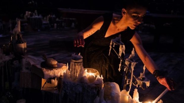 Christen O'Leary as Medea in La Boite's candlewax-drenched set.