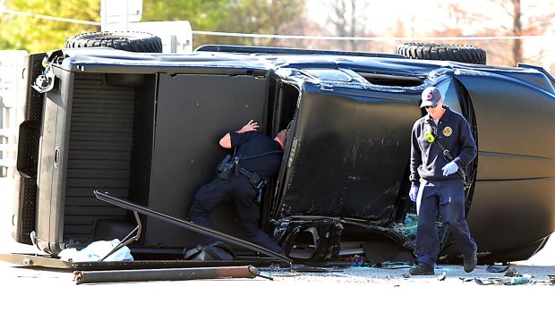 Wreck: Carolina Panthers quarterback Cam Newton's Dodge truck lies on its side.