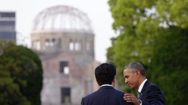 President Barack Obama with and Japanese Prime Minister Shinzo Abe at the Atomic Bomb Dome in Hiroshima in May.