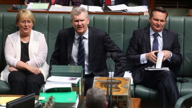 Labor frontbenchers Jenny Macklin, Tony Burke and Chris Bowen during question time in Parliament.