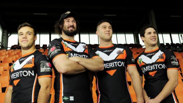 School ties: Wests Tigers teammates (L-R) Luke Brooks, Aaron Woods, Curtis Sironen and Mitchell Moses at Concord Oval.