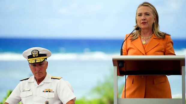 Challenge &#8230; Hillary Clinton with the commander of the US Navy's Pacific Command at the forum in Rarotonga, Cook Islands.