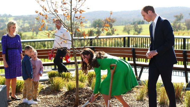 Oliver and Sebastian Lye look on as the Duke and Duchess of Cambridge plant a tree at the National Arboretum. 