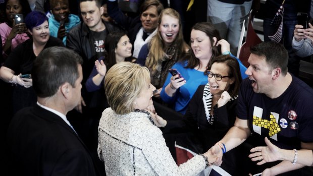 Jubilant supporters greet Hillary Clinton at the University of South Carolina volleyball centre in Columbia.