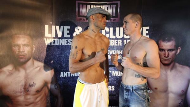 Fight tonight ... light-middleweights Anthony Mundine and Ryan Waters at their WIN Entertainment Centre press conference yesterday.
