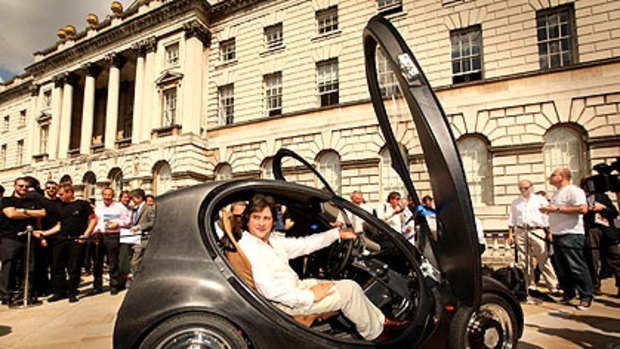 Hugo Spowers in his novel hydrogen car in London.