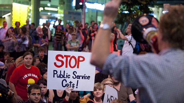 Workers protest against the Newman Government's job cuts and changes to staff working conditions.