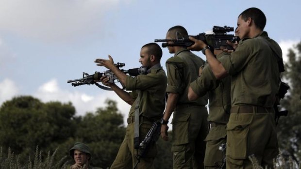 Israeli soldiers on a training exercise near the Israel-Gaza border.
