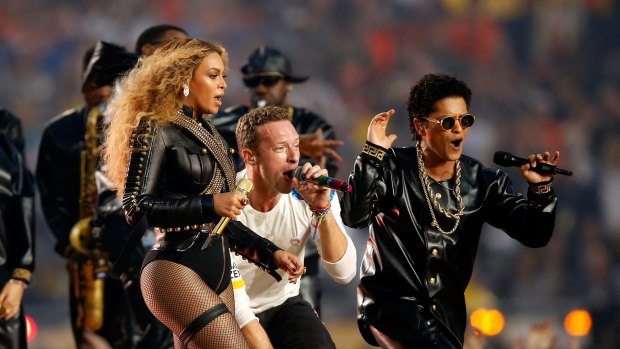 Beyonce, Chris Martin of Coldplay and Bruno Mars perform during last year's Super Bowl.