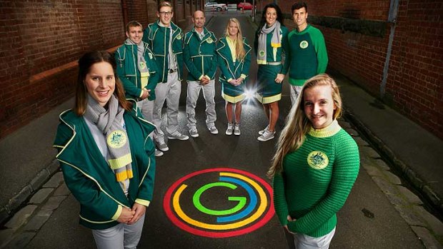 Glasgow Commonwealth Games athletes Belinda Hocking, Grant Nel, Mack Horton, Steve Moneghetti, Brooke Stratton, Bianca Chatfield, Jeff Riseley and Sarah Cardwell at the launch of the team uniforms.