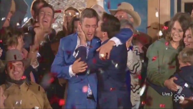 Jubilation: Cody Cook, right, embraces his twin brother Luke after House Rules viewers crown them the winners of the Channel Seven renovation series.