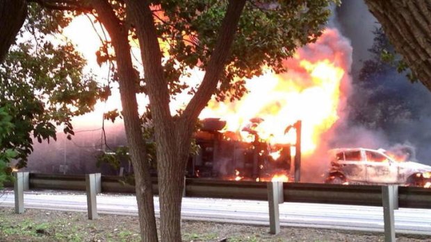 Horrific: A petrol tanker explodes on Mona Vale Road on Tuesday afternoon.
