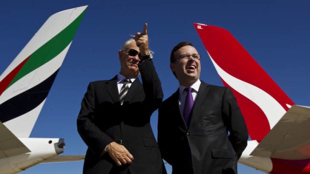 Emirates Airlines president Tim Clark and Qantas chief executive Alan Joyce get friendly.