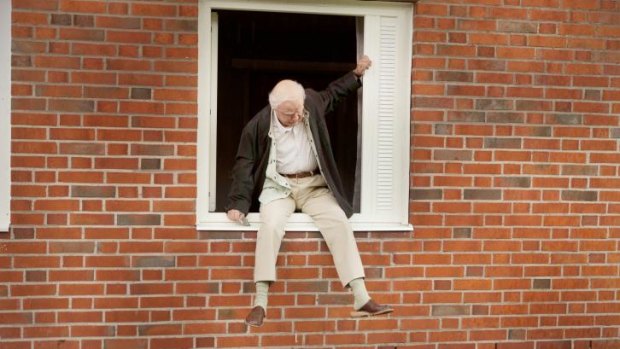 A small jump: Robert Gustafsson, as the 100-year-old Allan Karlsson, makes his escape.