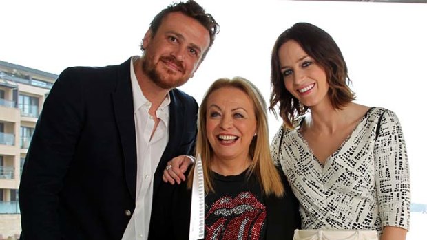 Making the cut ...  co-stars Jason Segal, Jacki Weaver and Emily Blunt celebrate <em>The Five-Year Engagement</em> with a slice of wedding cake.