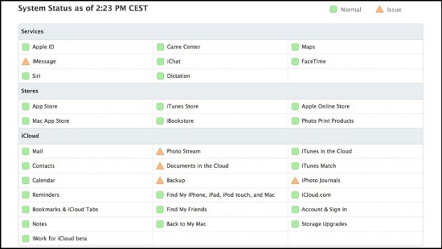 A screenshot of the Apple website showing the status of various Apple services. The company's iCloud and iMessage were experiencing issues on Thursday and Friday.