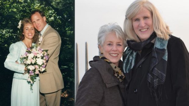 Leslie Hilburn and David Fabian on their wedding day in 1991, and Leslie Hilburn Fabian with spouse Deborah Fabian in 2012.