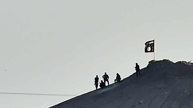 STAKING CLAIM: An Islamic State flag is planted on a small hill outside Kobane.