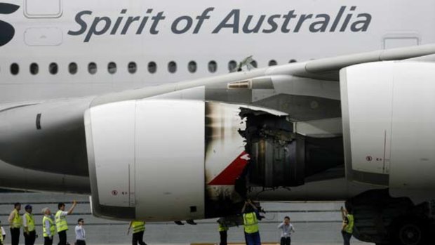 The damaged A380's Rolls-Royce engine on Qantas flight QF32.