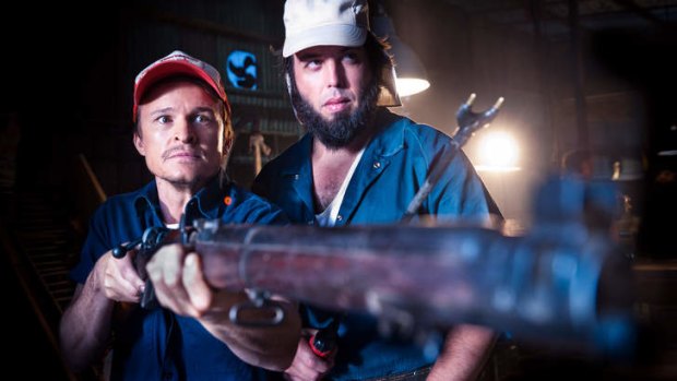 Lindsay Morgan (Angus Sampson) and Reg Morgan (Damon Herrimon) in <i>100 Bloody Acres</i>.