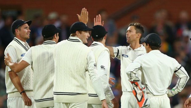 Modest movement: Tim Southee celebrates the wicket of David Warner.