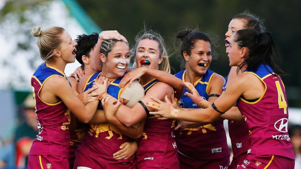 BRISBANE, AUSTRALIA - FEBRUARY 25: Jordan Membrey of the Lions celebrates after kicking a goal during the round four Women's AFL match between the Brisbane Lions and the Greater Western Sydney Giants at South Pine Complex on February 25, 2017 in Brisbane, Australia. (Photo by Jason O'Brien/Getty Images)