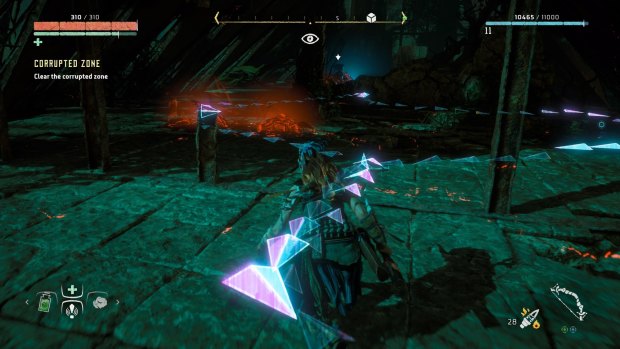Aloy's Focus lets her tap into the way the machines work for a tactical advantage. In this case, it's highlighting a Scrapper's path so she can avoid it more easily.