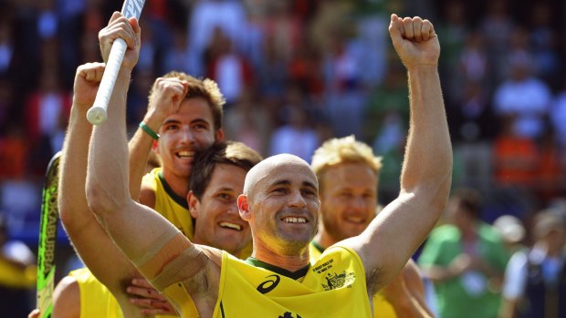 Glenn Turner celebrates the Kookaburras' victory over the Netherlands at the World Cup in 2014.