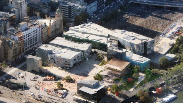 Overhead shot of Federation Square with proposed Apple store.