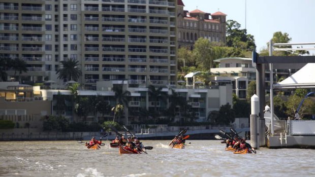 Current and former Australian Defence Force personel kayaked into Brisbane along the Brisbane River as part of the Mates 4 Mates initiative. They kayaked from Sydney to Brisbane to raise awarness for returning servicemen.