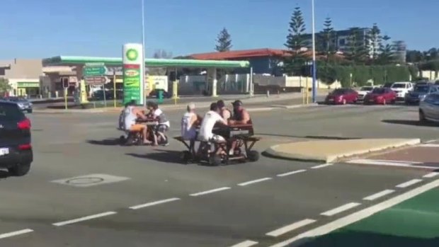 Video footage of a group of men riding on motorised picnic tables in Scarborough has gone viral on social media.